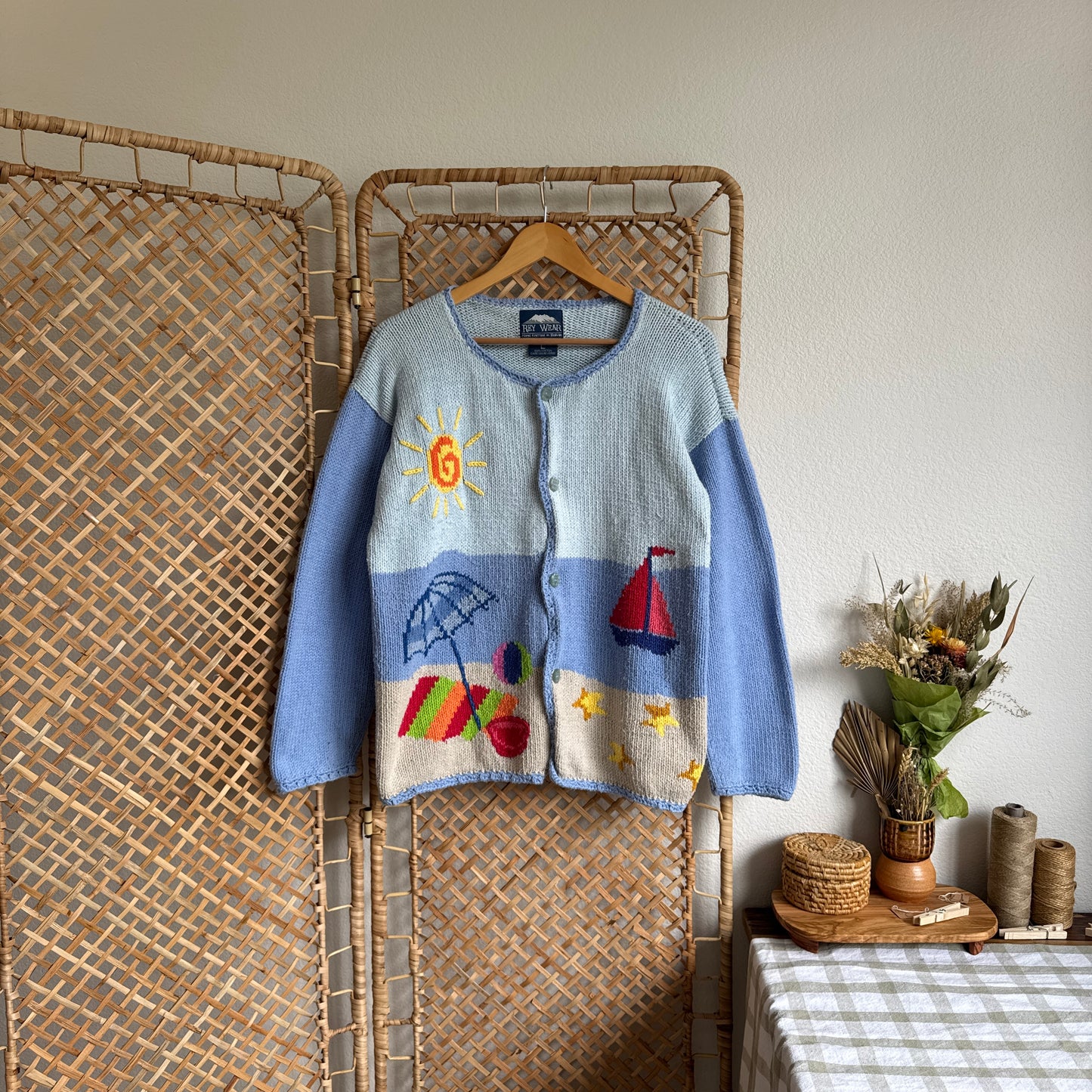Vintage Hand Knit Beach Scene Cardigan Sweater (L)