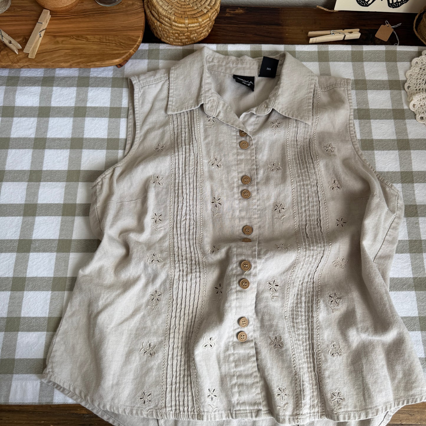 Vintage Linen Blend Pleated Eyelet Tank (PM)