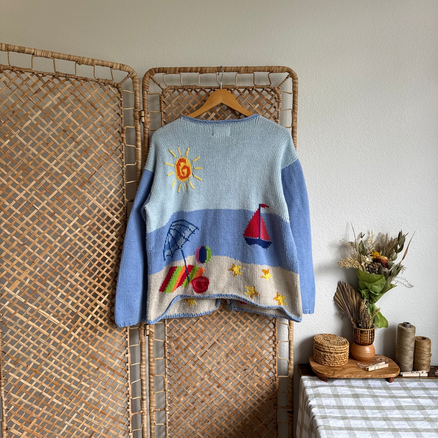 Vintage Hand Knit Beach Scene Cardigan Sweater (L)