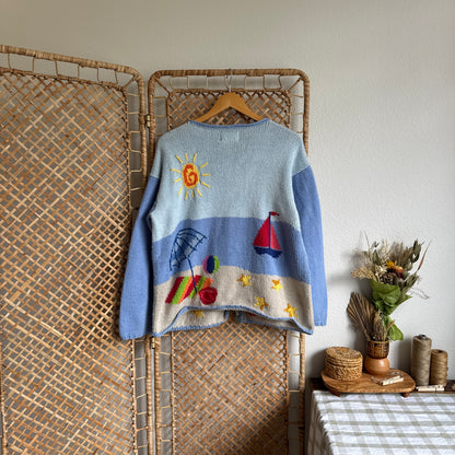 Vintage Hand Knit Beach Scene Cardigan Sweater (L)