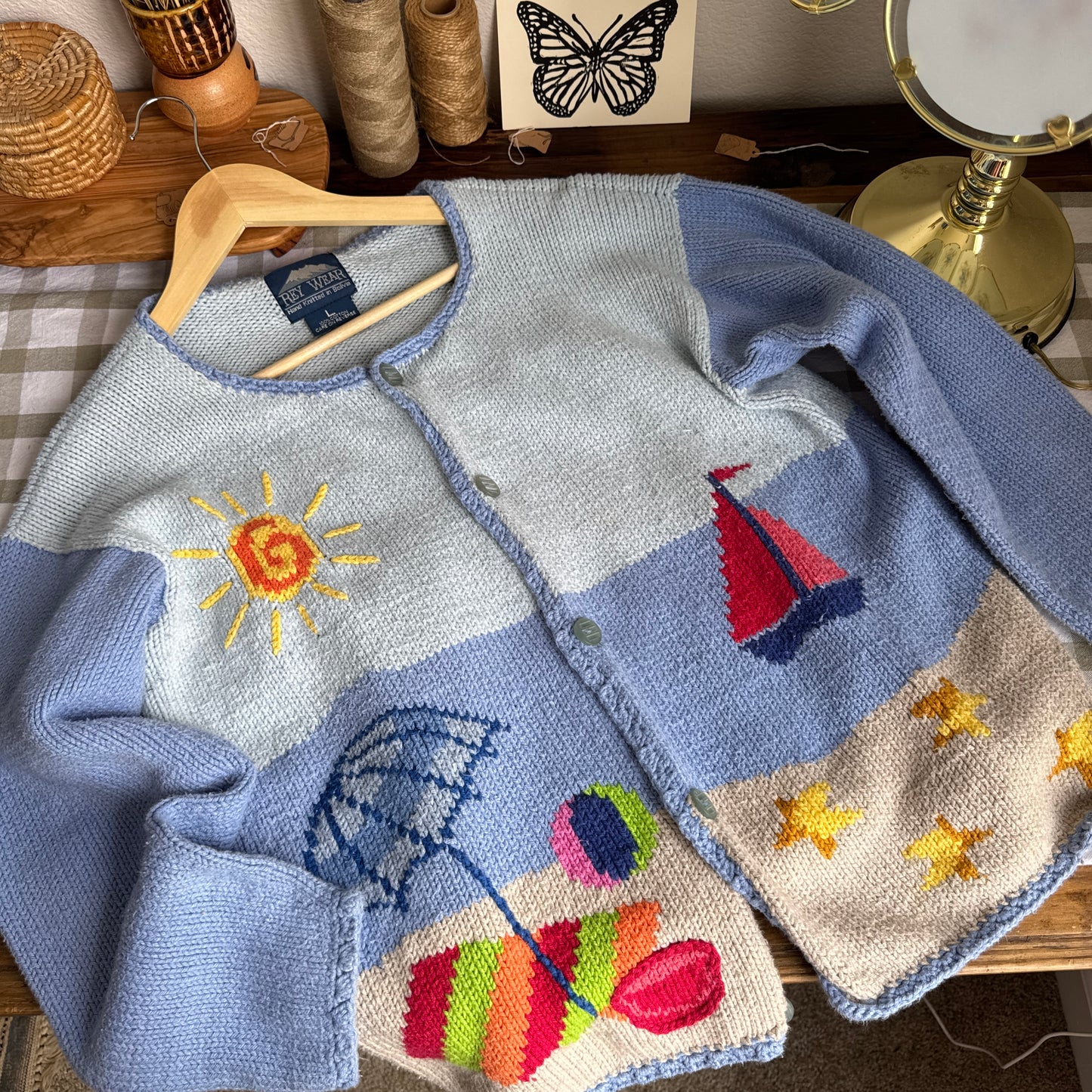 Vintage Hand Knit Beach Scene Cardigan Sweater (L)