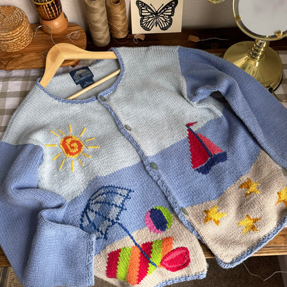 Vintage Hand Knit Beach Scene Cardigan Sweater (L)