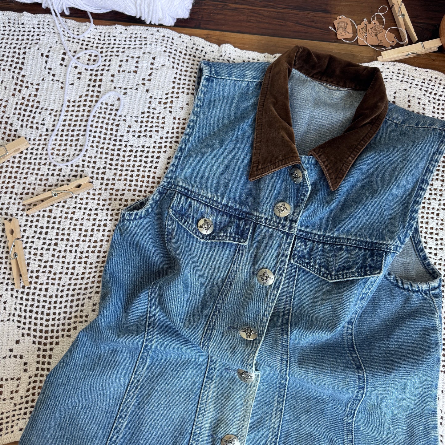 Vintage Velvet Collar Denim Vest (XS-M)