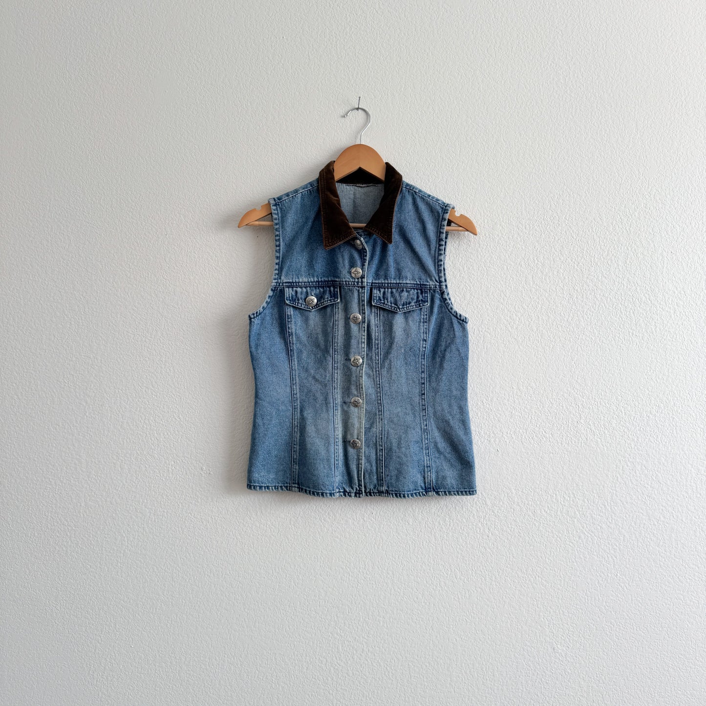 Vintage Velvet Collar Denim Vest (XS-M)