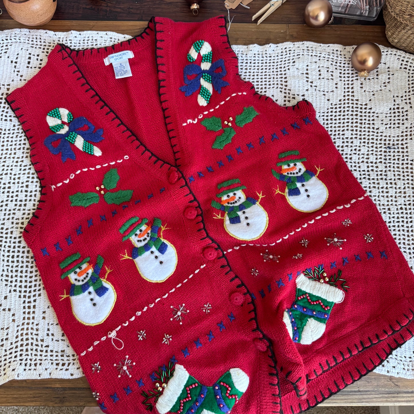 Vintage Festive Snowmen Sweater Vest (S-M)