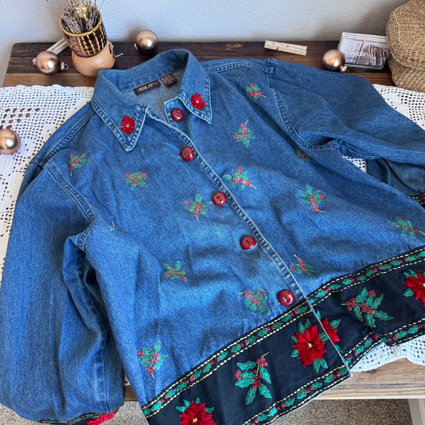 Vintage Embroidered Holly Denim Shacket (L)