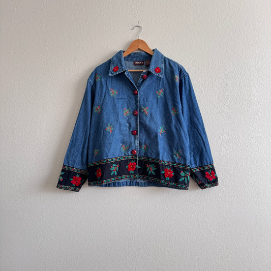 Vintage Embroidered Holly Denim Shacket (L)
