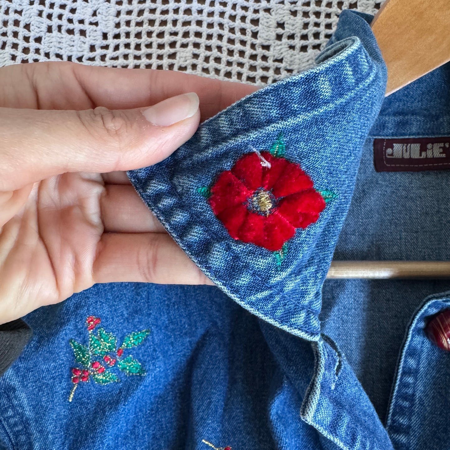 Vintage Embroidered Holly Denim Shacket (L)