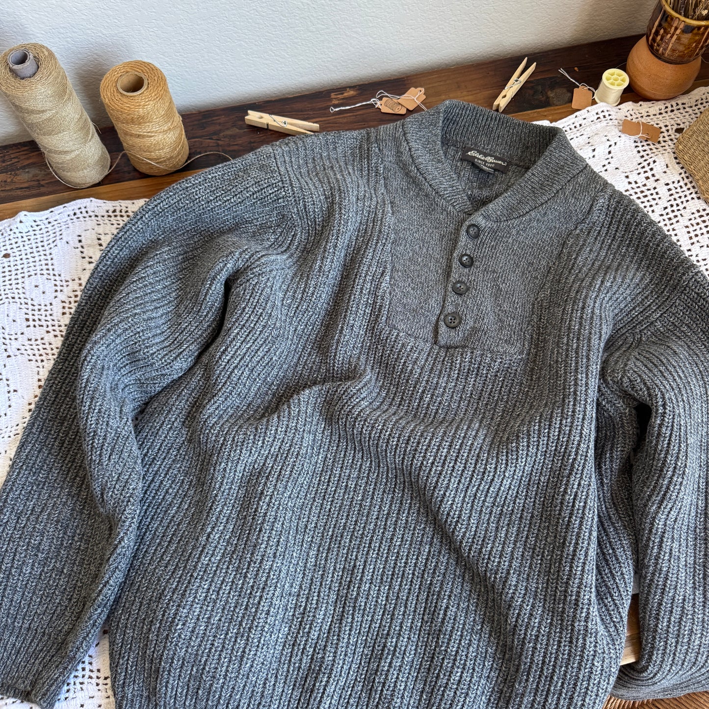 Vintage Chunky Knit Henley Sweater (L Tall)