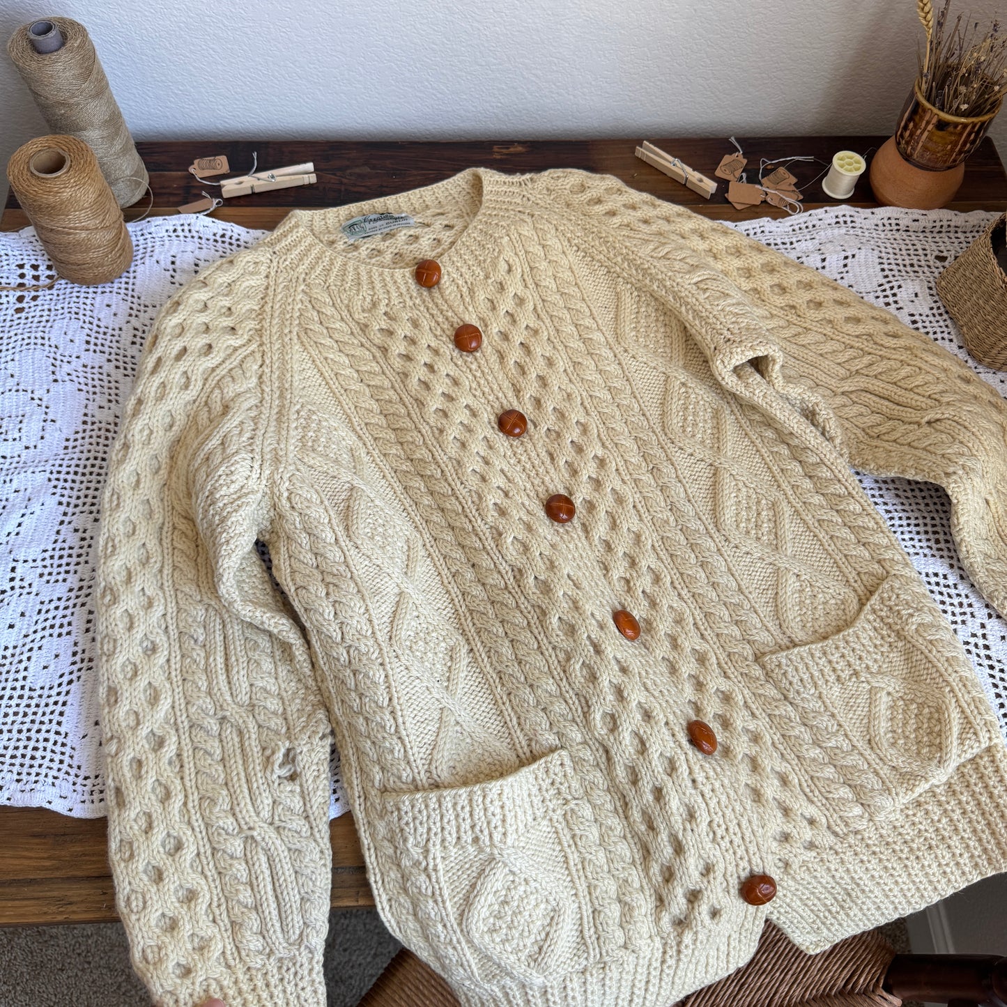 Vintage Cream Fisherman Knit Cardigan (XS-M)