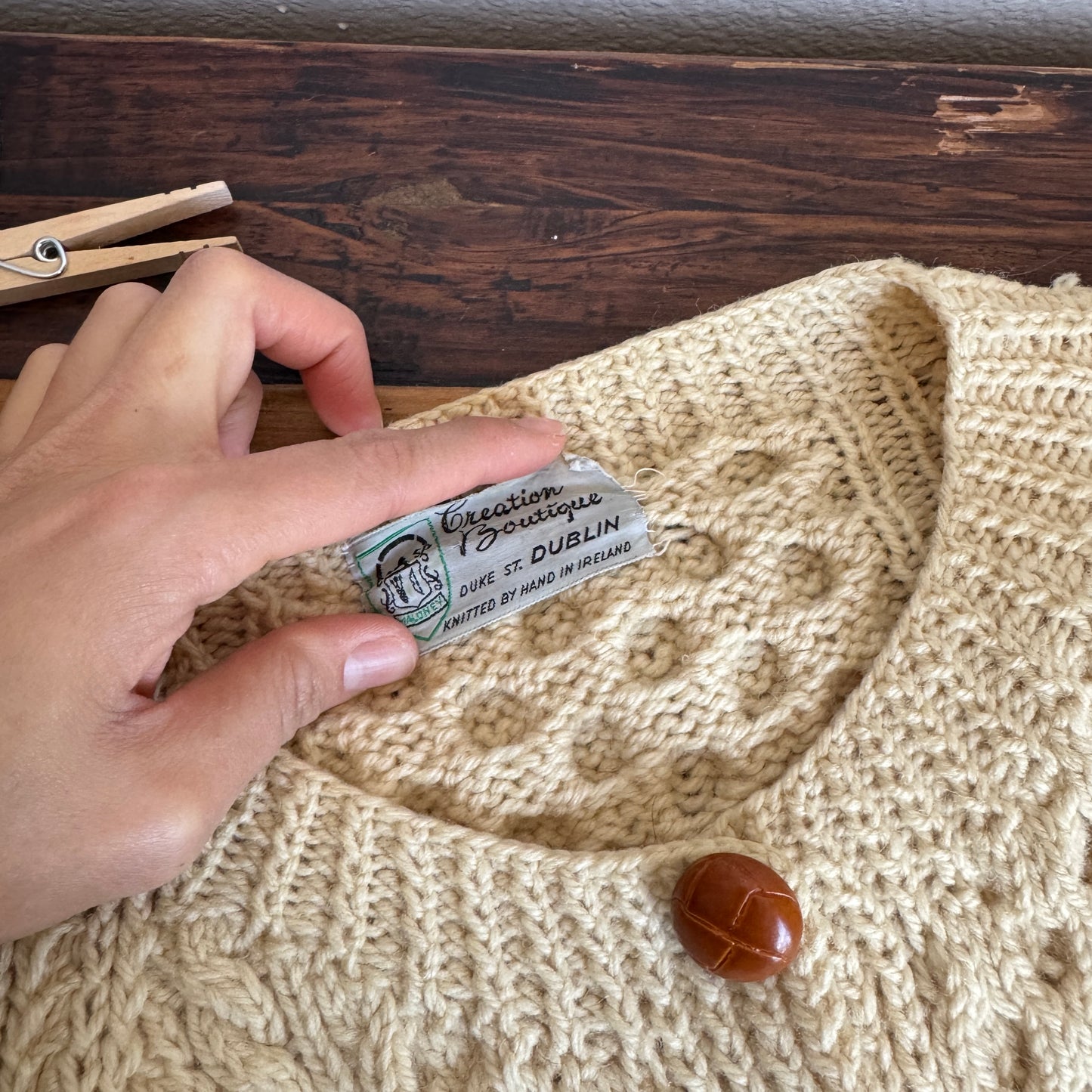 Vintage Cream Fisherman Knit Cardigan (XS-M)