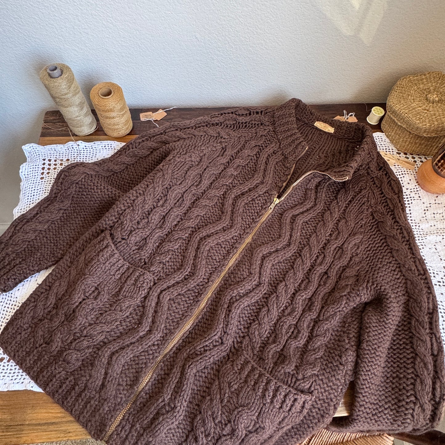 Vintage Hand Knit Zippered Fisherman Cardigan (XS-M)