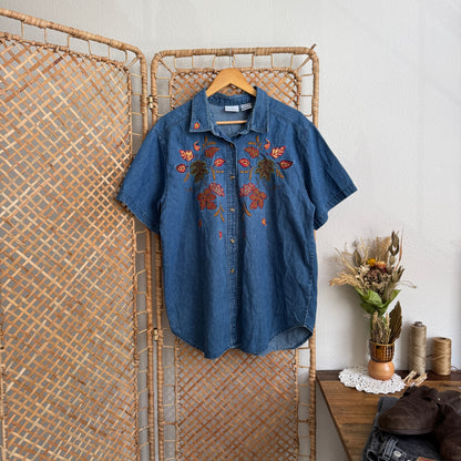 Vintage Fall Leaves Embroidered Denim Shirt (XL)