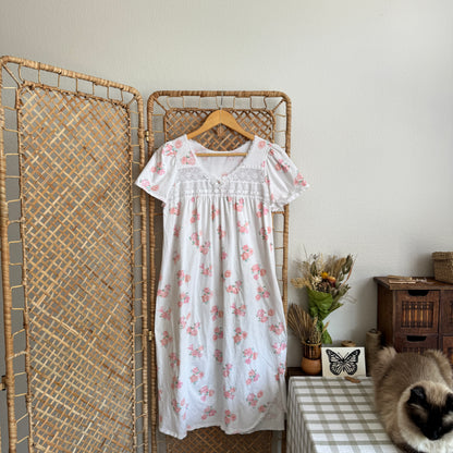 Vintage Lace Eyelet Inset Coquette Cottage Nightgown with Pink Rose Print