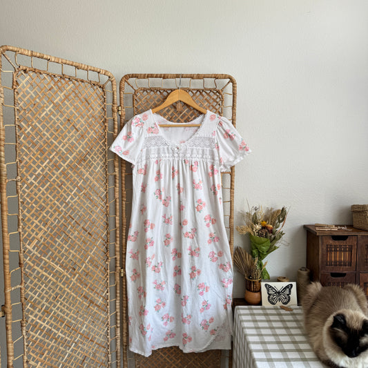 Vintage Lace Eyelet Inset Coquette Cottage Nightgown with Pink Rose Print
