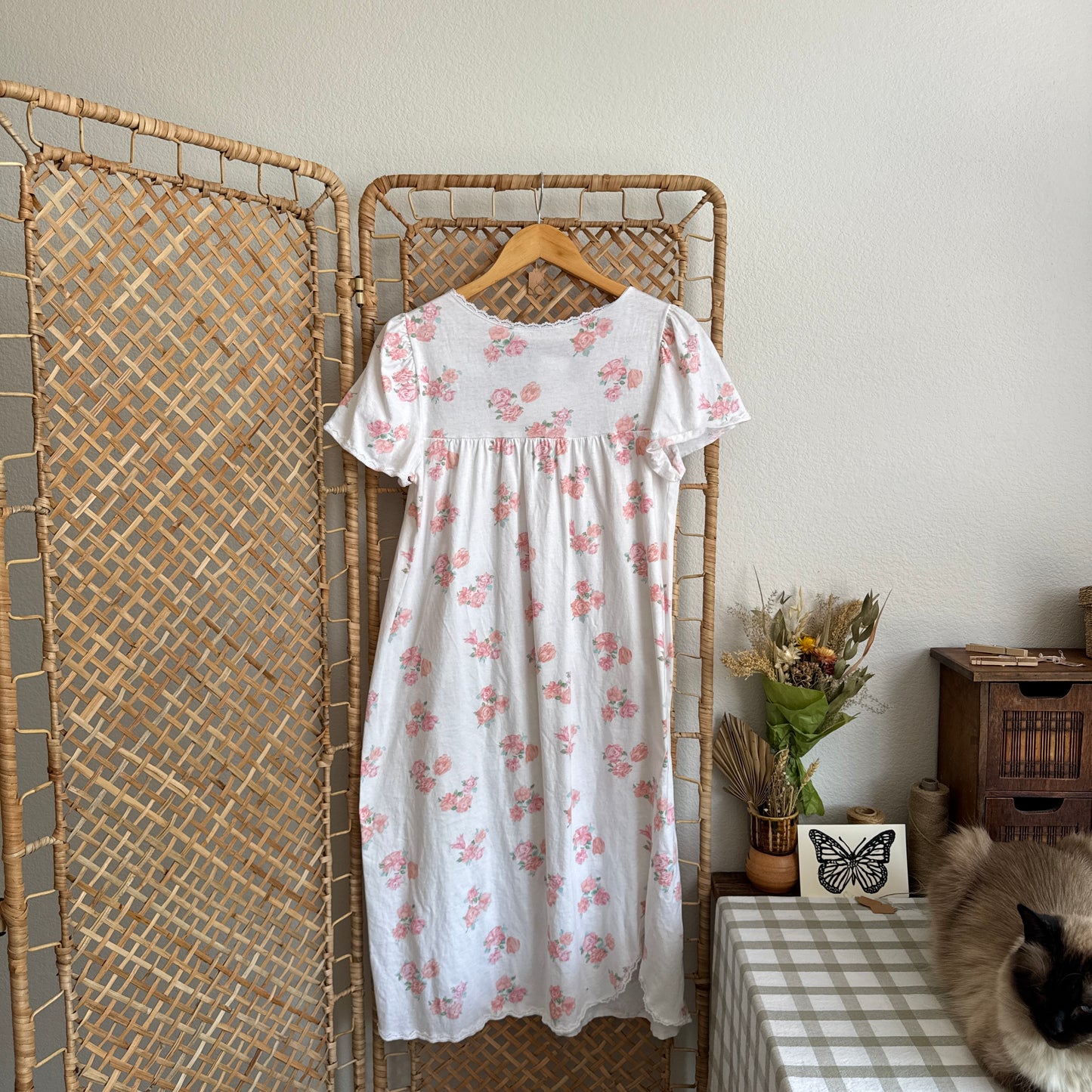 Vintage Lace Eyelet Inset Coquette Cottage Nightgown with Pink Rose Print
