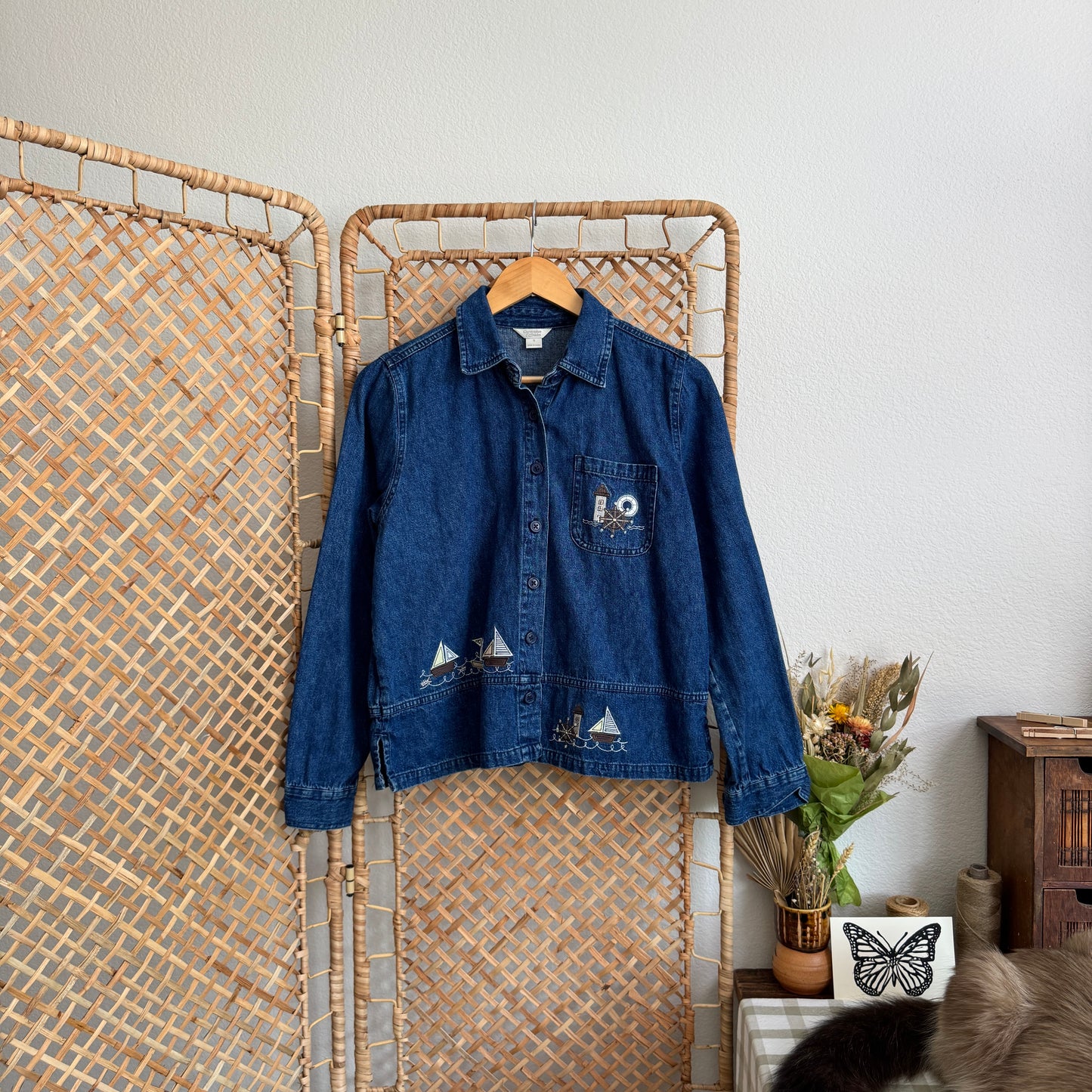 Vintage Nautical Embroidered Denim Shirt (S-M)