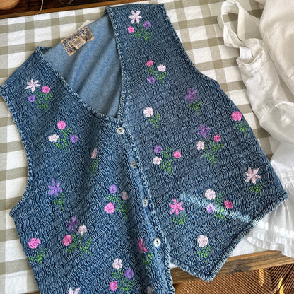 Vintage Floral Embroidered Denim Vest (XL)
