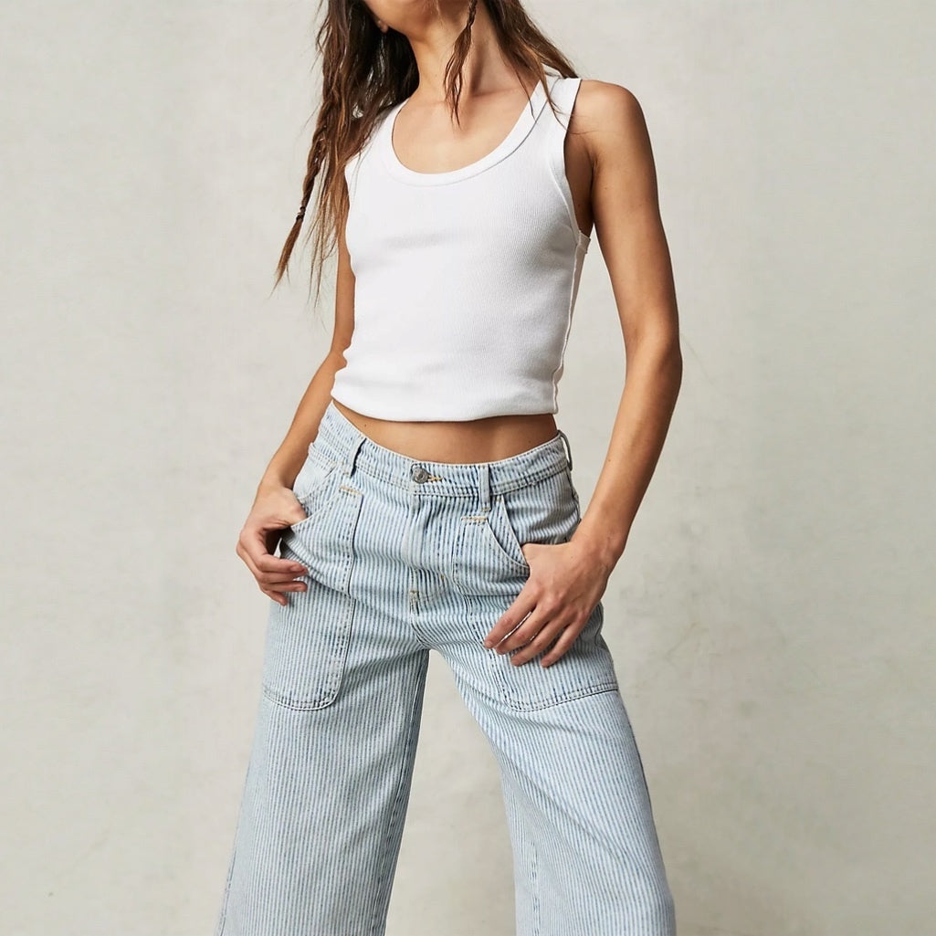 Free People Piper Railroad Stripe Wide Leg Cropped Jeans (30W)