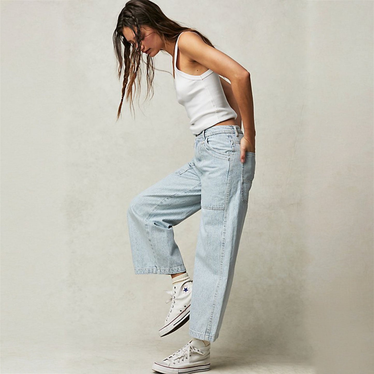 Free People Piper Railroad Stripe Wide Leg Cropped Jeans (30W)