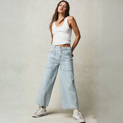 Free People Piper Railroad Stripe Wide Leg Cropped Jeans (30W)