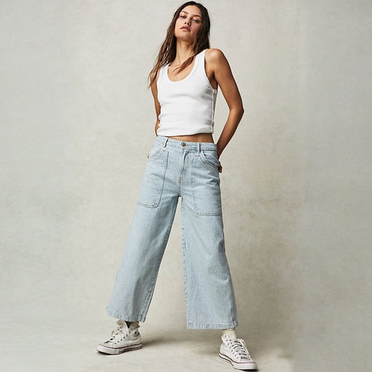 Free People Piper Railroad Stripe Wide Leg Cropped Jeans (30W)